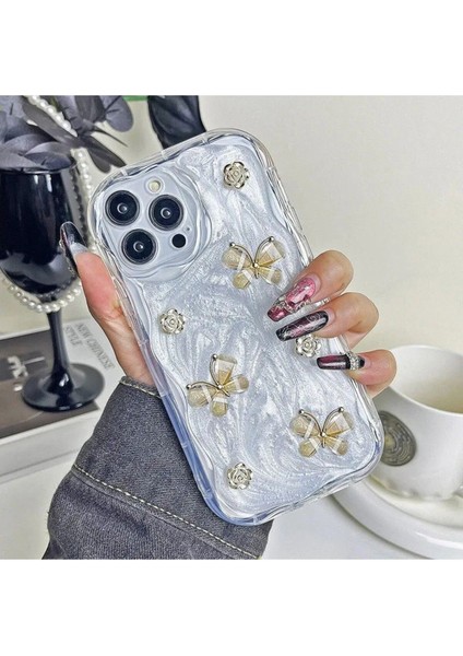 iPhone 15 Pro Max Uyumlu Zebana Gül ve Kelebek Figürlü Floral Silikon Kılıf-Gold