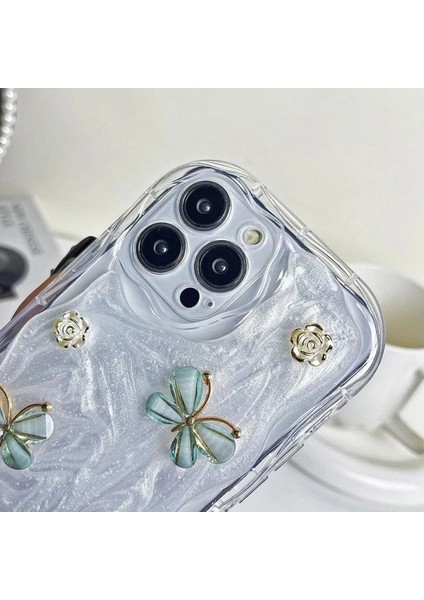 iPhone 15 Pro Max Uyumlu Zebana Gül ve Kelebek Figürlü Floral Silikon Kılıf-Gold modelleri