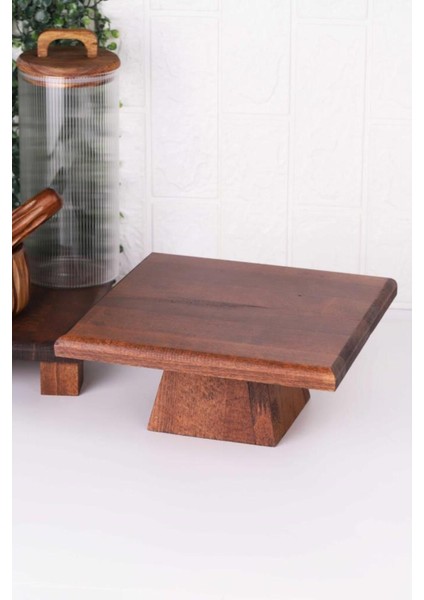 Kare Ahşap Pasta Servis Tabakası 25CM Yüksek Ayak, Akasya Ağacından Doğal Tasarım