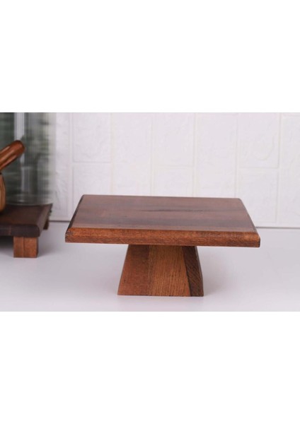 Kare Ahşap Pasta Servis Tabakası 25CM Yüksek Ayak, Akasya Ağacından Doğal Tasarım fiyatları