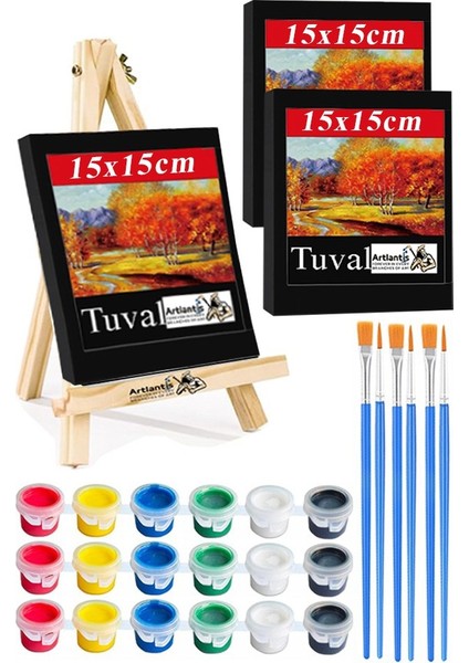 Mini Şövale 15X15 cm Siyah Tuval 3 ml Akrilik Boya 6 Renk ve Fırça Mini Siyah Tuval Masaüstü Küçük Şövale Boyama Seti