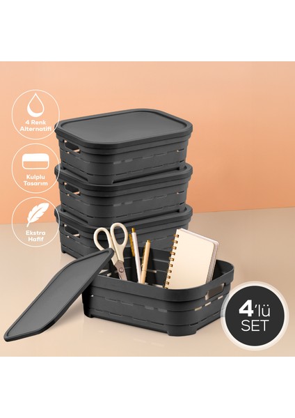 4'lü Kapaklı 2,8 Litre Delikli Saklama Kutusu Antrasit