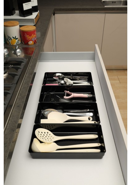 4 Adet Parlak Siyah ( Piano Black ) Kepçelik Organizer Şeffaf Çekmece Içi Düzenleyici (30,8*15,4 Cm)