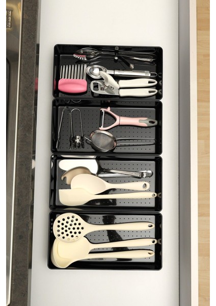 4 Adet Parlak Siyah ( Piano Black ) Kepçelik Organizer Şeffaf Çekmece Içi Düzenleyici (30,8*15,4 Cm) fiyatları