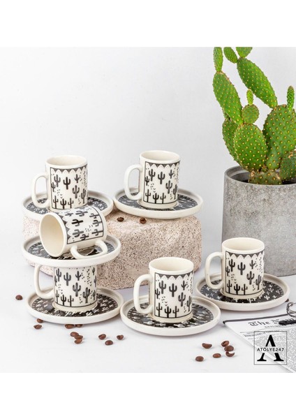 Beyaz Kaktüs Desenli 6'lı Fincan Seti, Şık ve Kullanışlı Ev Dekoru