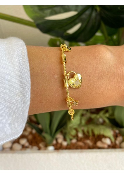 Pndr Model Açık Kalp Taşlı Zirkon Charm Ayarlamalı Gold Bileklik modelleri