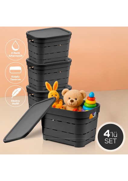 4'lü Kapaklı 5 Litre Delikli Saklama Kutusu Antrasit