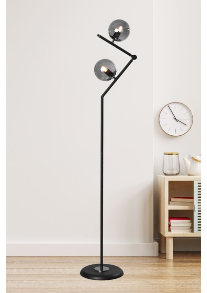 Şık Siyah-Krom Metal Gövde Füme Camlı Mafsallı Modern Yerden Aydınlatma