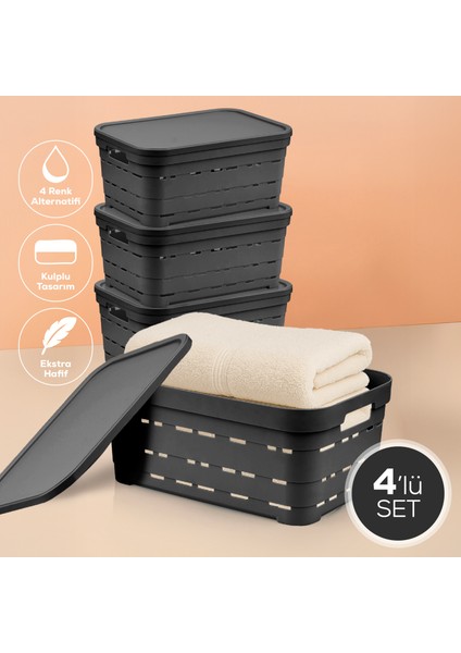 4'lü Kapaklı 10,8 Litre Delikli Saklama Kutusu Antrasit