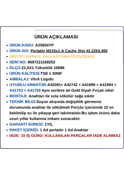 A25604YP + Anahtar Vitra-Artema Perlatör M215X1-A Cache Slot indirimleri