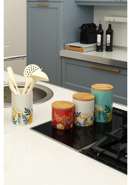 4'lü Limonlu Seramik Kavanoz Set Şekerlik Çay Kahve Saklama Kabı Baharatlık