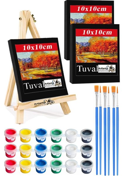 Mini Şövale 10X10 cm Siyah Tuval 3 ml Akrilik Boya 6 Renk ve Fırça Mini Siyah Tuval Masaüstü Küçük Şövale Boyama Seti
