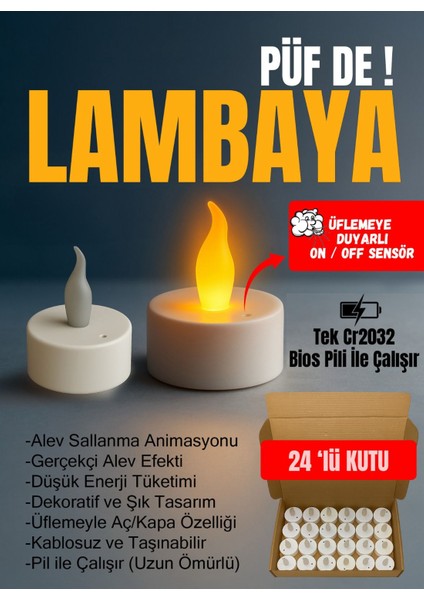 24 Adet Sarı Işıklı LED Mum El Mumu Tealight Piller Dahil Kullanıma Hazır