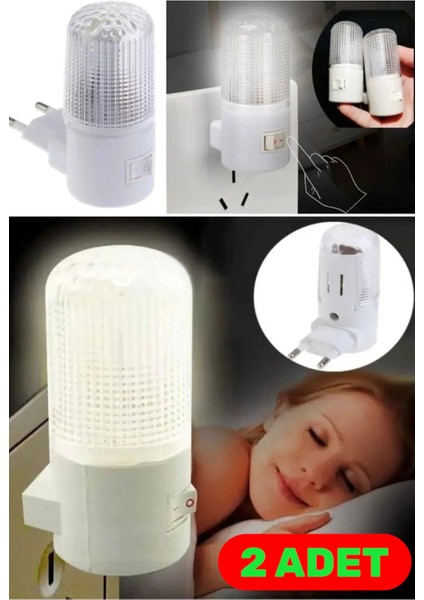 2'li Beyaz LED Gece Lambası, Açma/kapama Düğmeli, 0.5 Watt, Şık ve Kullanışlı