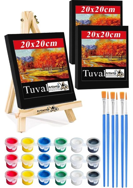 Mini Şövale 20X20 cm Siyah Tuval 3 ml Akrilik Boya 6 Renk ve Fırça Mini Siyah Tuval Masaüstü Küçük Şövale Boyama Seti