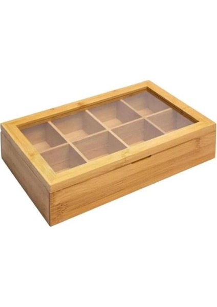 8 Bölmeli Bambu Organizer Kutusu, Çay ve Takı Saklama, 30X20X9CM, Kahverengi