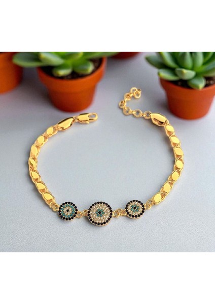 Kadın 22 Ayar Altın Kaplama Arpa Zincirli Nazar Boncuklu Bileklik