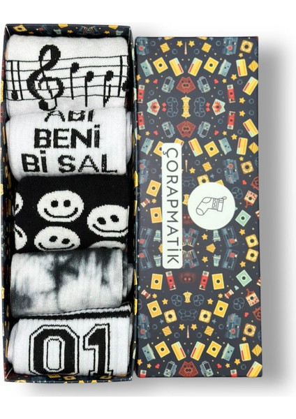 5'li Siyah Beyaz Desenli Unisex %100 Pamuk Soket Çorap Seti