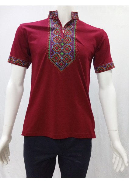 Uygur Kanaviçe Motifli Hakim Yaka Tişört