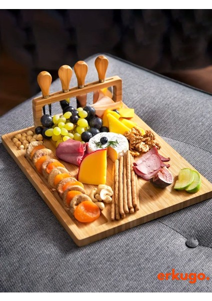 Bambu Peynir Sunum Seti, Tahta, Çatal, Spatula, Mini Spatula, Bıçak, Kesim Panosu