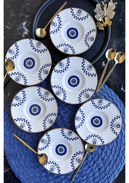 Şık 6'lı Porselen Çay Tabağı Takımı, Mat Altın Yaldızlı, Bej Renkli