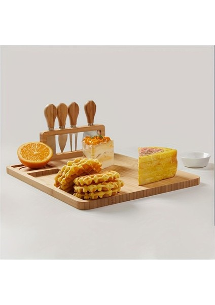 Bambu Peynir Sunum Seti, Tahta, Çatal, Spatula, Mini Spatula, Bıçak, Kesim Panosu