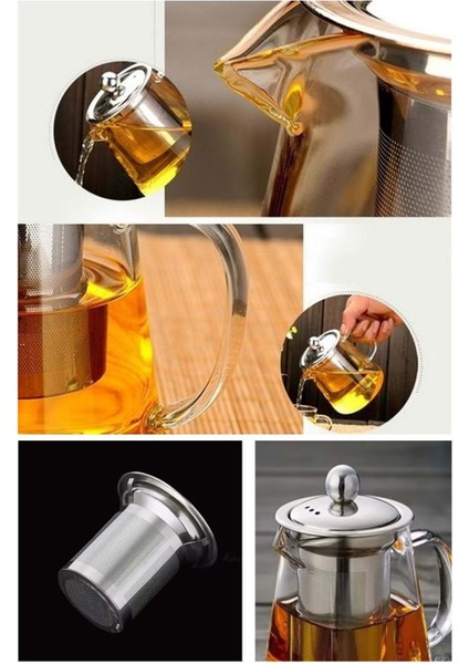 Isıya Dayanıklı Borosilikat Cam Demlik 950 Ml, Çelik Süzgeçli, Ocak Üstü Çaydanlık