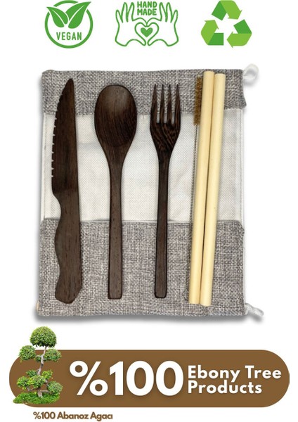 Doğal Ahşap ve Bambu Takım, Çatal, Bıçak, Kaşık ve Pipetler Seti