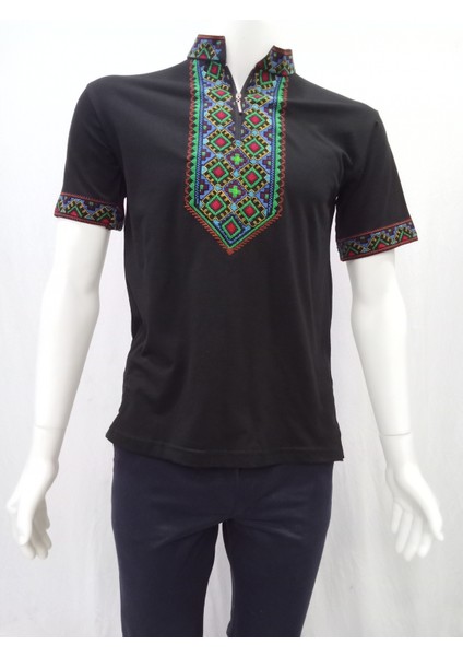 Uygur Kanaviçe Motifli Hakim Yaka Tişört