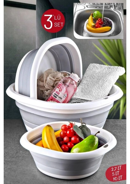 Katlanabilir 3'lü Leğen ve Kova Seti, Çok Amaçlı Çeyiz Seti, Gri Renk