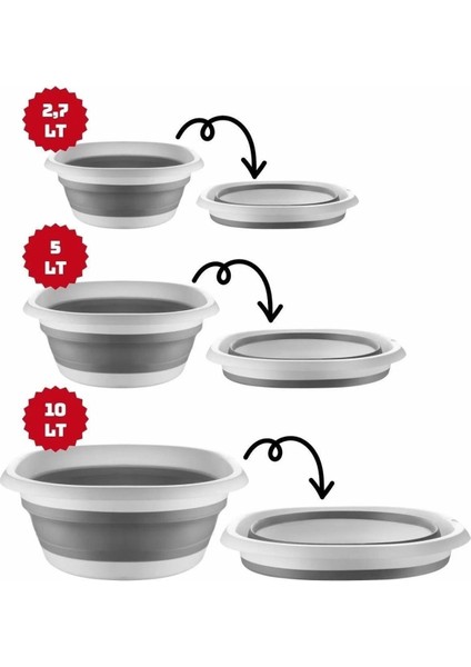 Katlanabilir 3'lü Leğen ve Kova Seti, Çok Amaçlı Çeyiz Seti, Gri Renk fiyatları