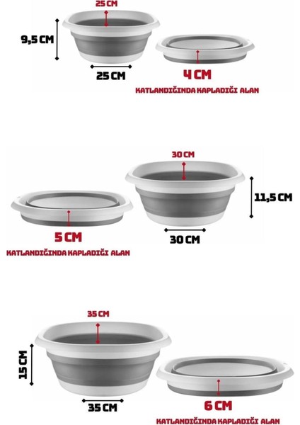 Katlanabilir 3'lü Leğen ve Kova Seti, Çok Amaçlı Çeyiz Seti, Gri Renk modelleri