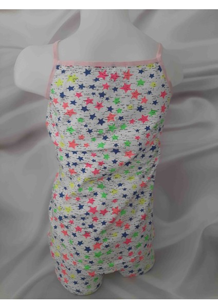 Beyaz Üzerine Renkli Yıldız Desenli Ip Askılı %90 Pamuk %10 Elastan Kız Çocuk Atlet ve Şort Takım fırsatları