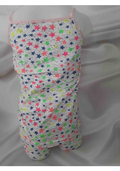 Beyaz Üzerine Renkli Yıldız Desenli Ip Askılı %90 Pamuk %10 Elastan Kız Çocuk Atlet ve Şort Takım indirimleri