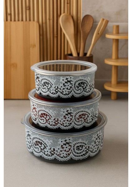 Şık Emaye Saklama Kabı Seti, Hava Sızdırmaz ve Organizer, 3 Boy, Siyah