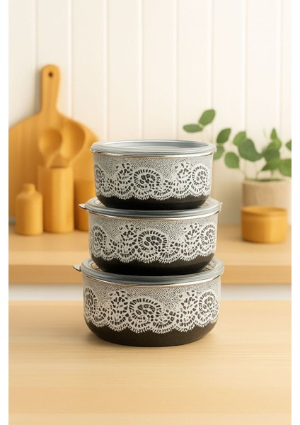 Şık Emaye Saklama Kabı Seti, Hava Sızdırmaz ve Organizer, 3 Boy, Siyah modelleri