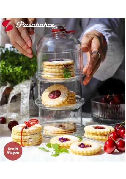 Üç Katlı Cam Kurabiye ve Şekerlik Saklama Kabı, Şık ve Büyük Boy Sunum Aparatı fırsatları