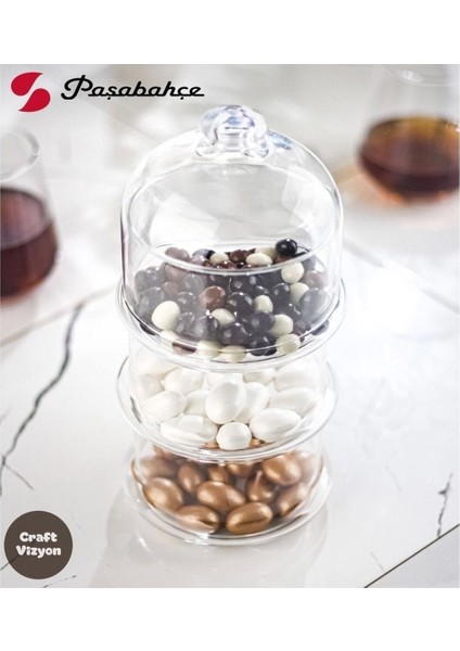 Üç Katlı Cam Kurabiye ve Şekerlik Saklama Kabı, Şık ve Büyük Boy Sunum Aparatı