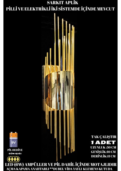 Şık Pilli Duvar Aplik, Altın Renk, Modern LED Aydınlatma, Zarif Tasarım