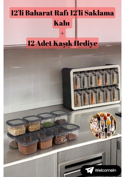 24 Parça Saklama Kabı ve Baharatlık Seti, Etiketli, 550 Ml, Hediye Kaşıklarla