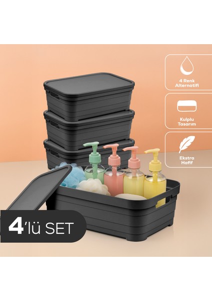 4'lü Kapaklı 8,2 Litre Saklama Kutusu Antrasit