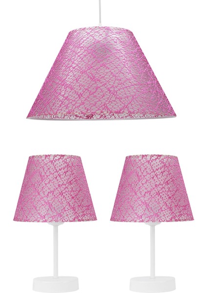 Şık Pembe Üçlü Dantelli Abajur ve Konik Avize Seti Yatak Odası Aydınlatması