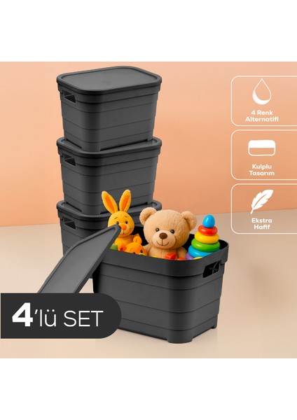 4'lü Kapaklı 5 Litre Saklama Kutusu Antrasit