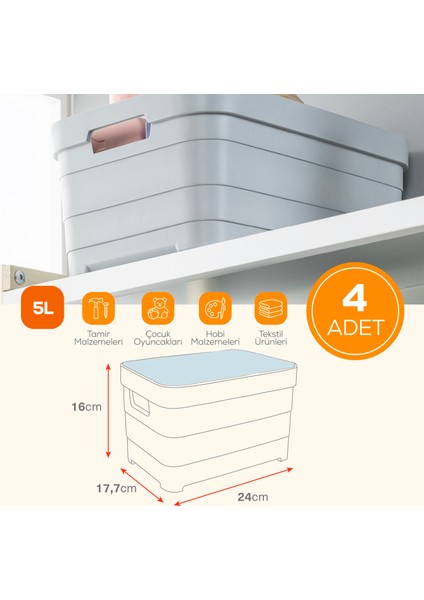 4'lü Kapaklı 5 Litre Saklama Kutusu Antrasit fiyatları