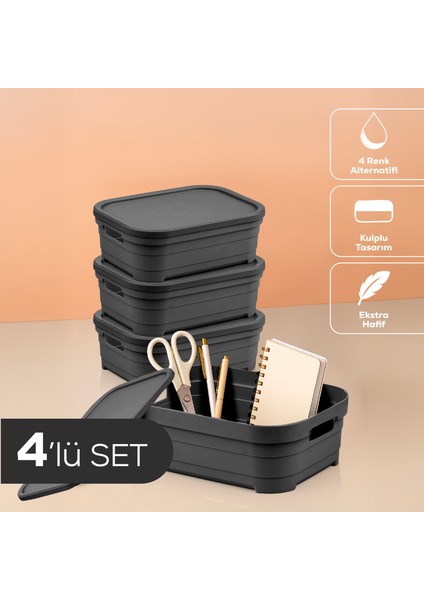 4'lü Kapaklı 2,8 Litre Saklama Kutusu Antrasit