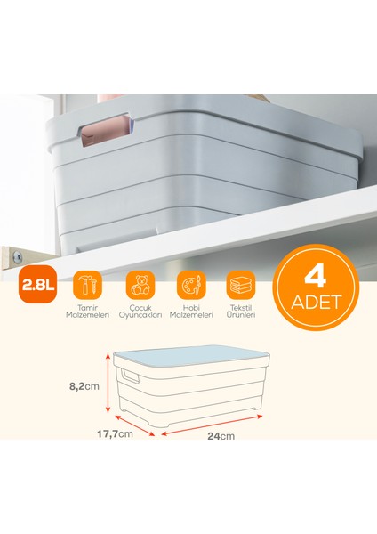 4'lü Kapaklı 2,8 Litre Saklama Kutusu Antrasit fiyatları