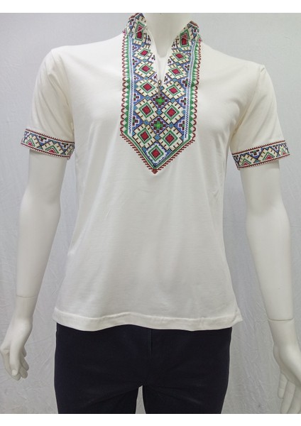 Uygur Kanaviçe Motifli Hakim Yaka Tişört