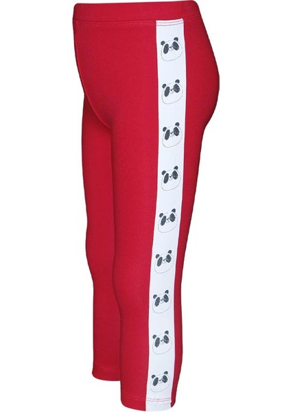 Kırmızı Kız Çocuk Şardonlu Yanda Panda Baskılı Tayt