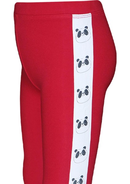 Kırmızı Kız Çocuk Şardonlu Yanda Panda Baskılı Tayt modelleri