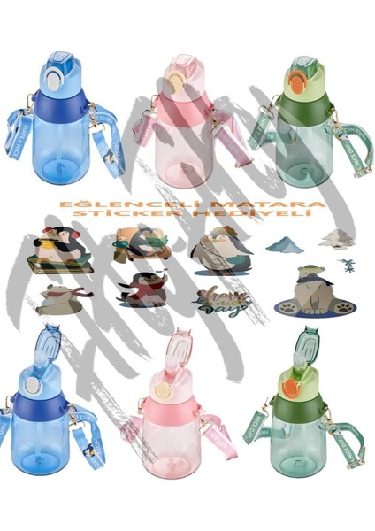Pembe 800 ml Çocuk Su Matarası, Askılı, Pipetli, Sticker Hediyeli fırsatları